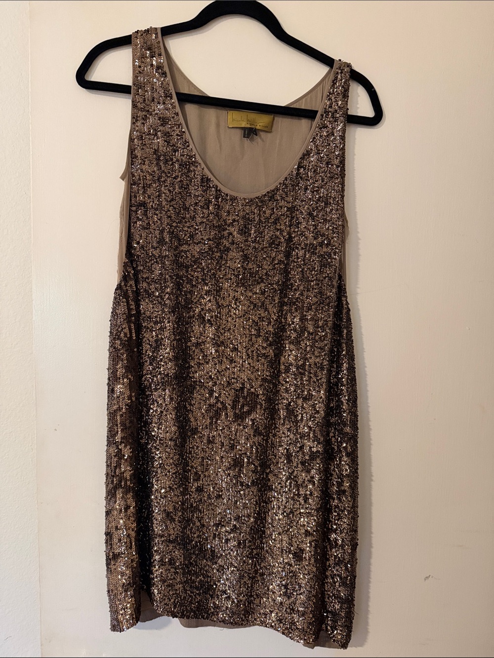 Nicole Miller Metallic Sequin Shift Dress in Taupe